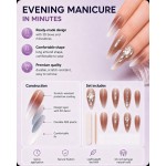 Tea‑Brown Ombre Almond Press‑On Nails, Gentle Nude Long False Nails With Pearls & Rhinestones For Daily & Party